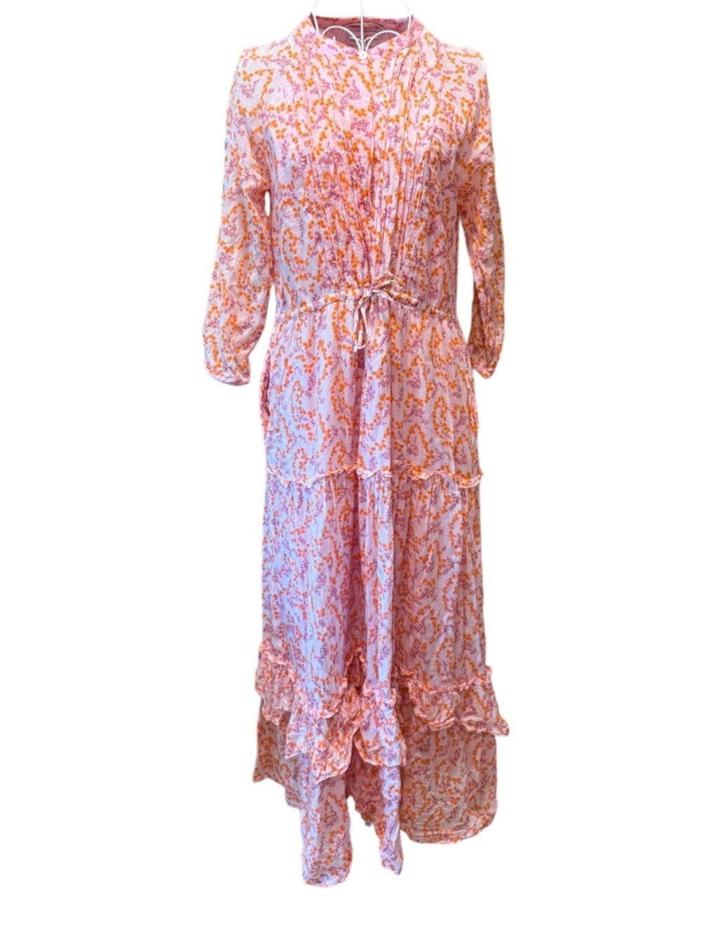 Banjanan Maxi Dress Pink Orange Floral Block Print Pintuck Long Sleeve M